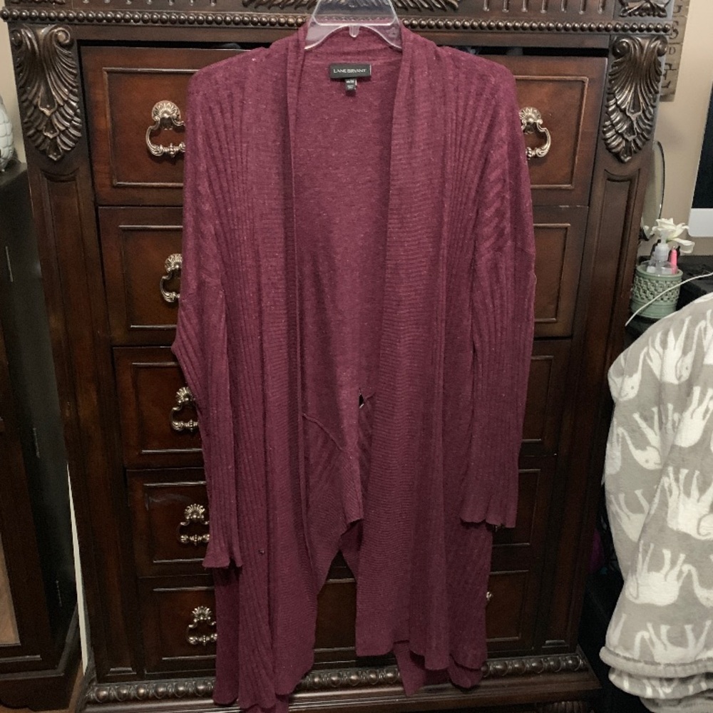 Lane Bryant Cardigan.  Deep purple/maroon color.